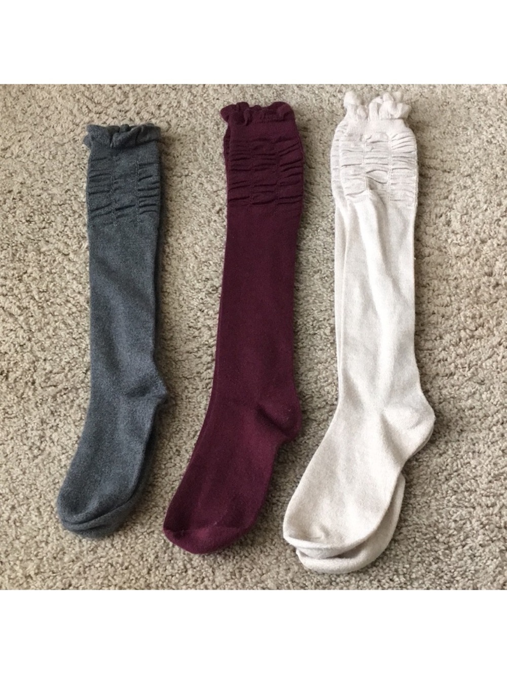 Urban Outfitters Over-the-Knee Ribbed Ruffle Socks - Gray, Burgundy & Cream